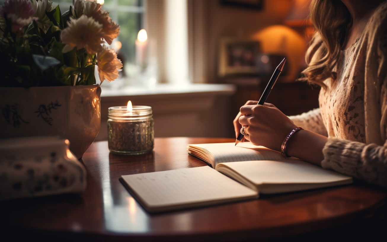 A woman sits at her desk, writing in her journal
